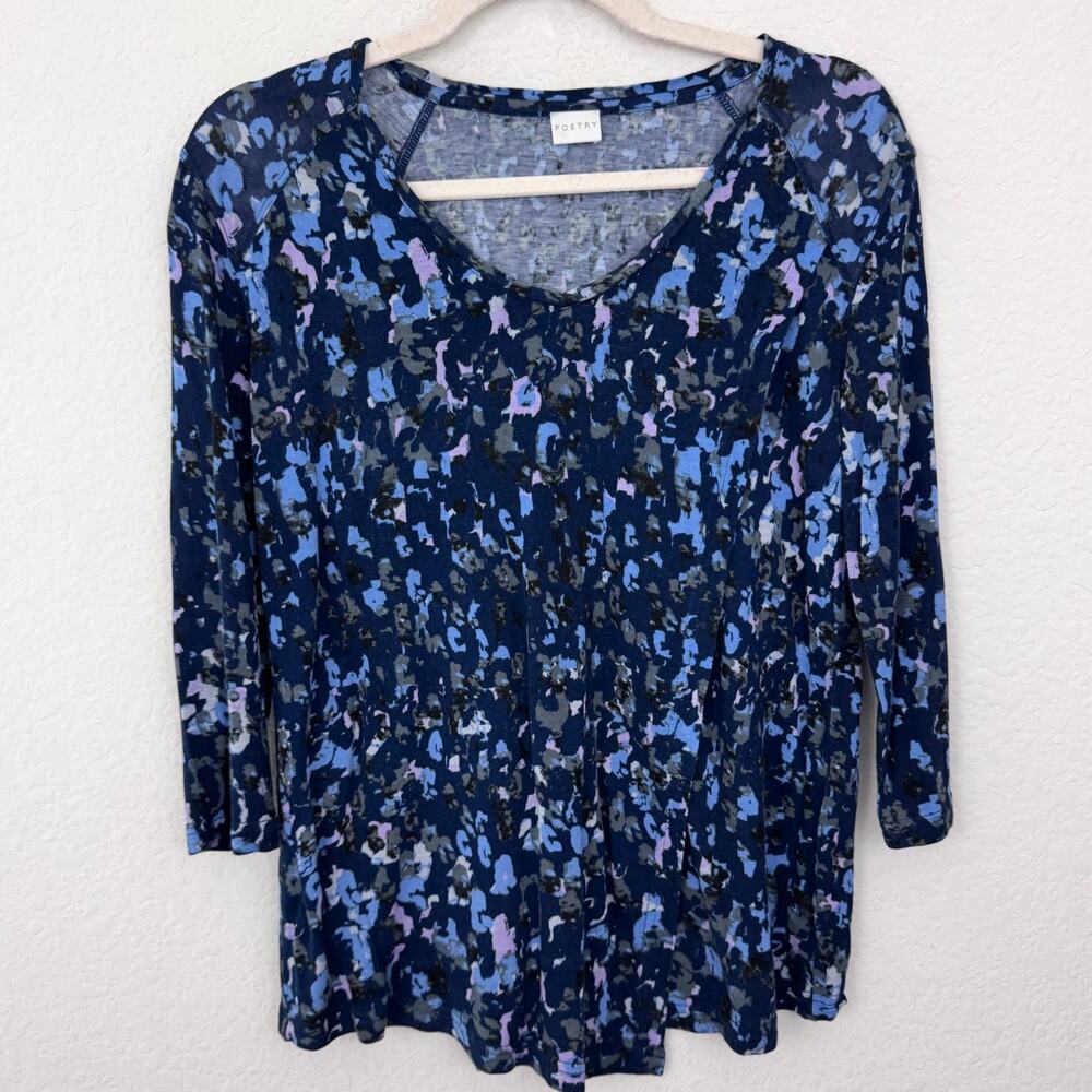 Poetry Womens Wool Blend Flowy Top Shirt Size 4 Split Front Geo Print Blue